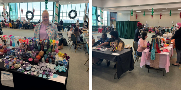 Two image collage: on left, member smiles standing at her full table of homemade gifts. on right, several tables with exhibitors and market attendees